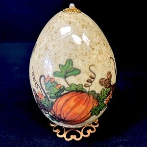 Vintage fall theme  decoupaged real egg with heart shaped gold tone metal base
